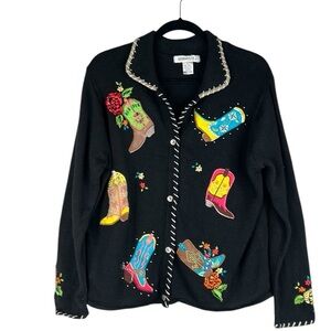 Arriviste Western Embroidered Black Knit Long Sleeve Button Down Sweater Size L